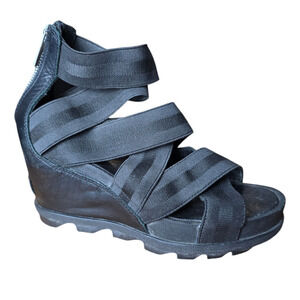Sorel Joanie II NL3268 Strappy Stretch Black Wedge Heel Sandals Zip Back 7 US